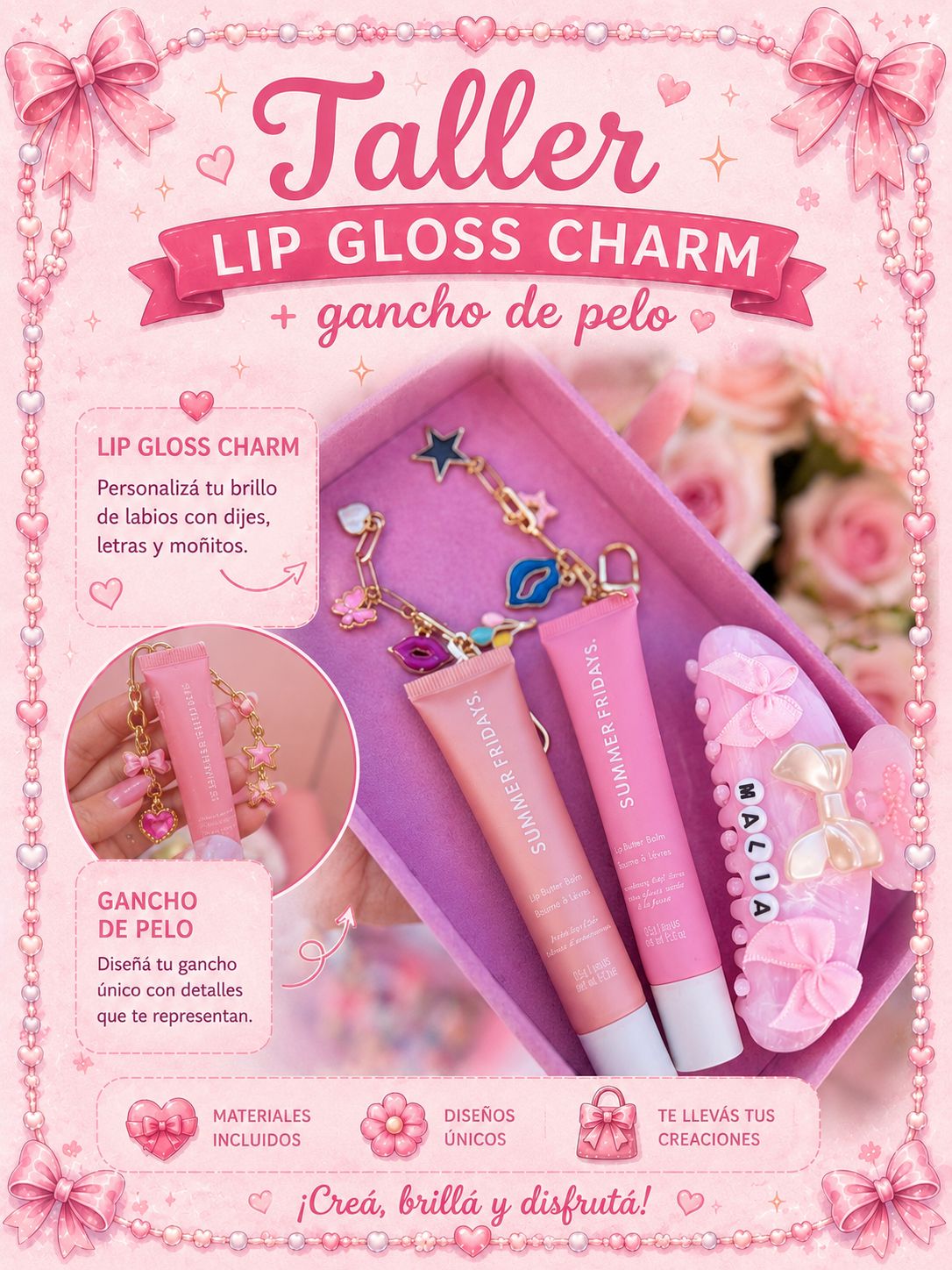 Taller Lip Gloss Charm + Gancho de Pelo